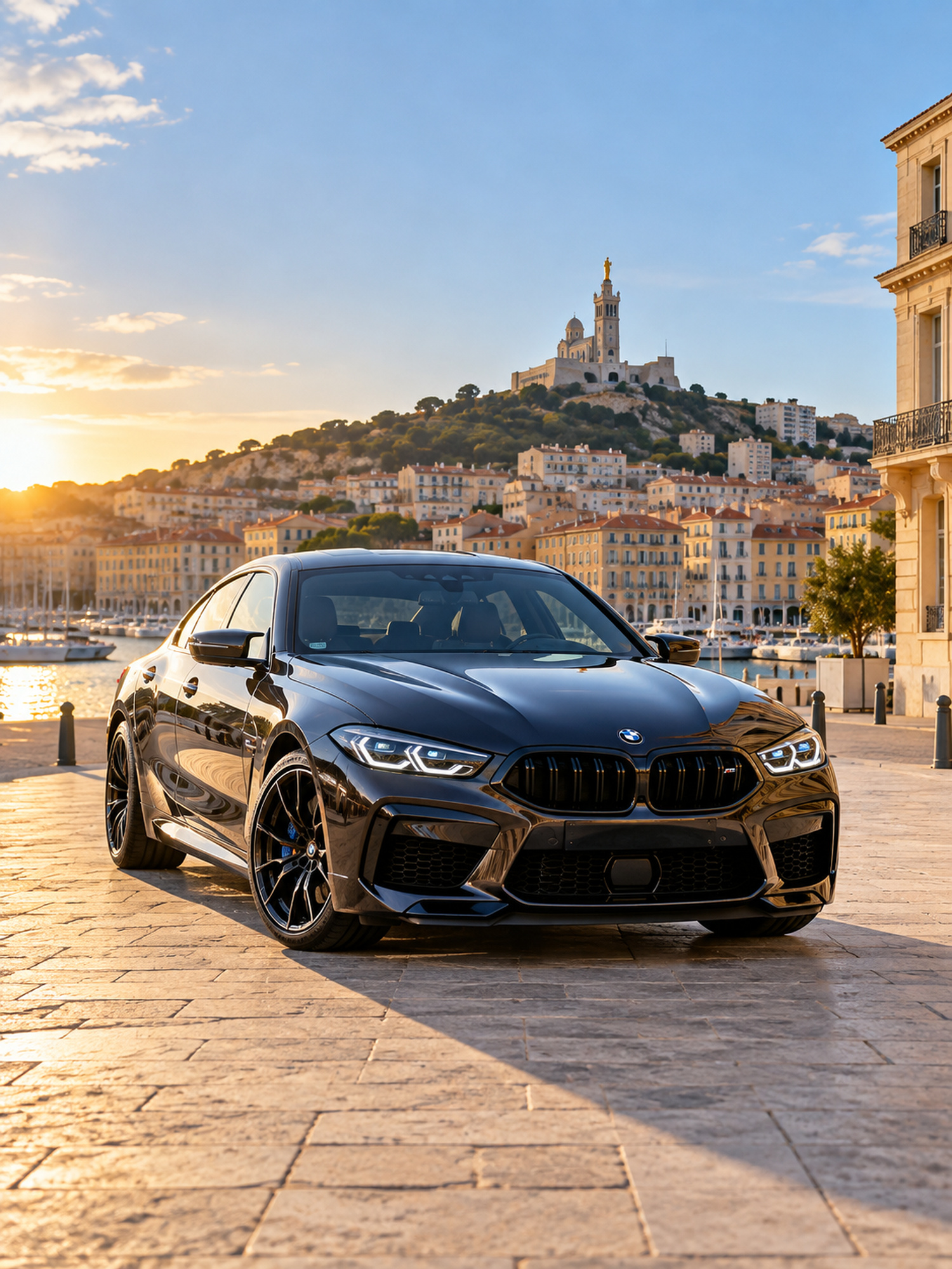 Voiture brillante devant une façade marseillaise, lumière chaude